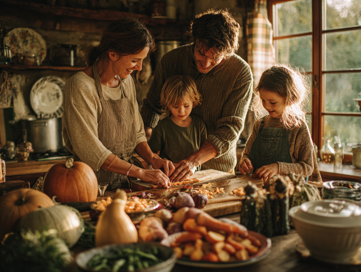 Сім'я готує здорову їжу разом на кухні з різноманітними свіжими продуктами